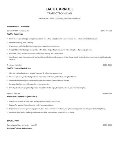 Traffic Technician Resume