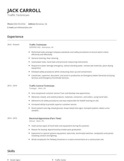 Traffic Technician Resume