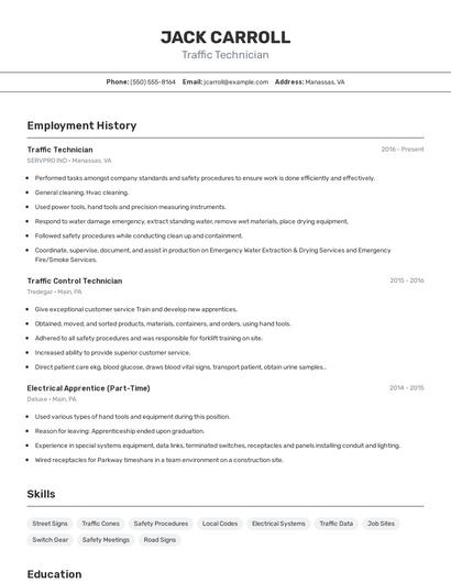 Traffic Technician Resume