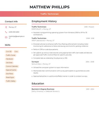 Traffic Technician Resume