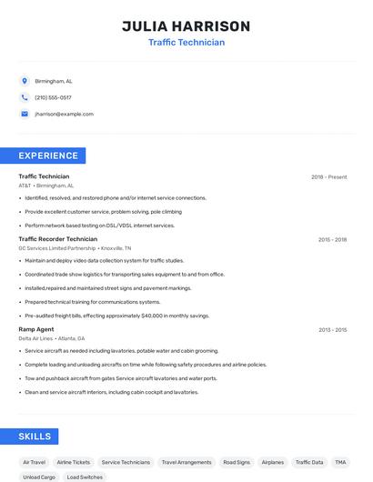 Traffic Technician Resume