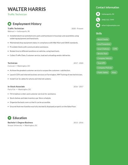 Traffic Technician Resume