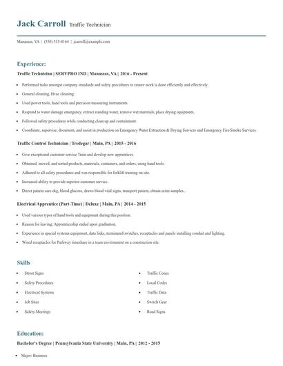 Traffic Technician Resume