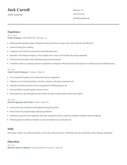 Traffic Technician Resume