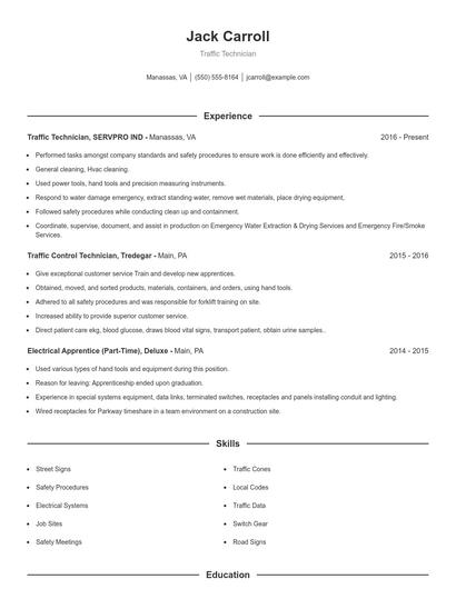 Traffic Technician Resume