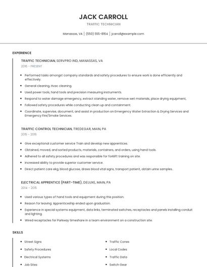 Traffic Technician Resume