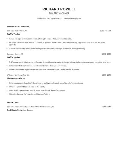 Traffic Worker Resume