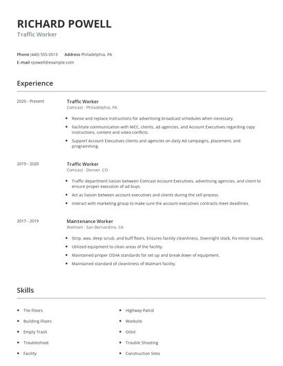 Traffic Worker Resume