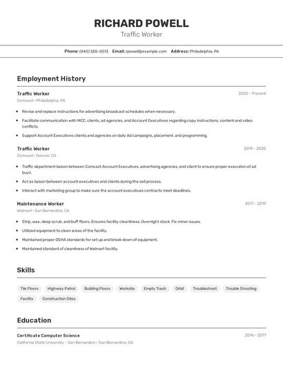 Traffic Worker Resume