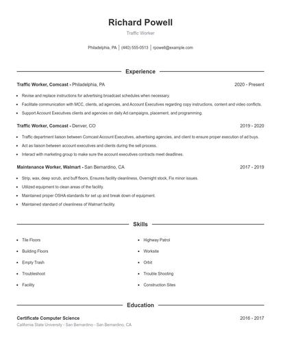 Traffic Worker Resume