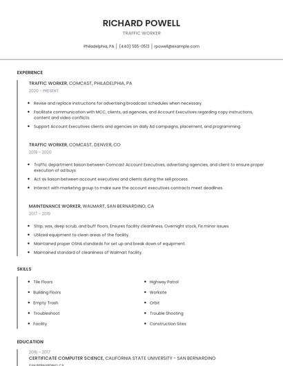 Traffic Worker Resume