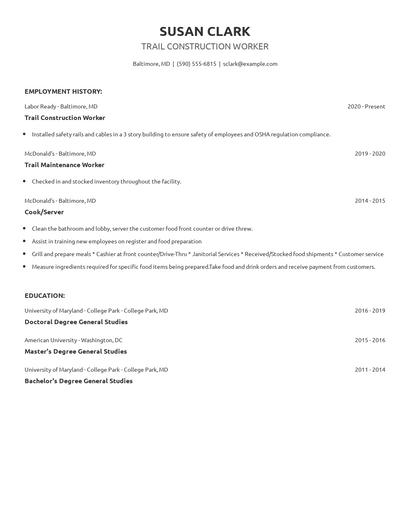 Trail Construction Worker Resume