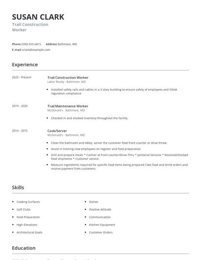 Trail Construction Worker Resume