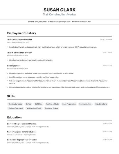 Trail Construction Worker Resume