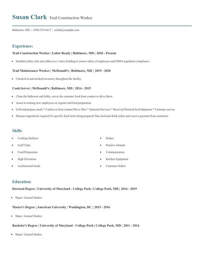 Trail Construction Worker Resume