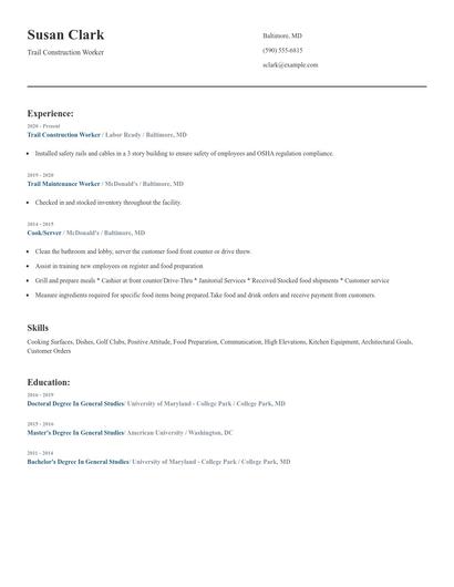 Trail Construction Worker Resume