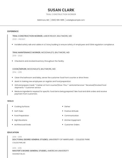 Trail Construction Worker Resume