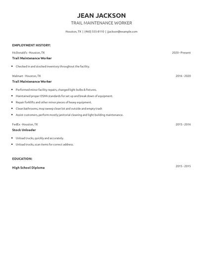 Trail Maintenance Worker Resume