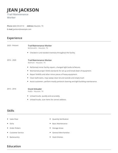 Trail Maintenance Worker Resume