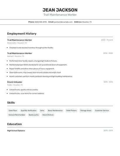 Trail Maintenance Worker Resume
