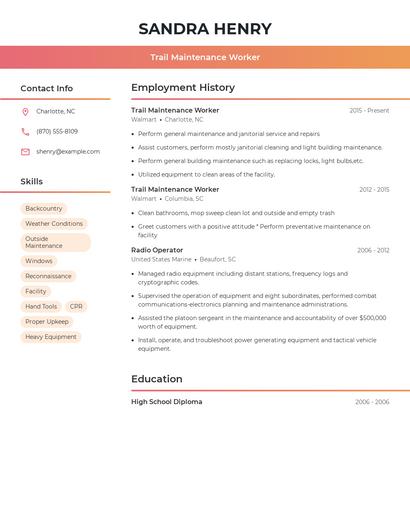 Trail Maintenance Worker Resume