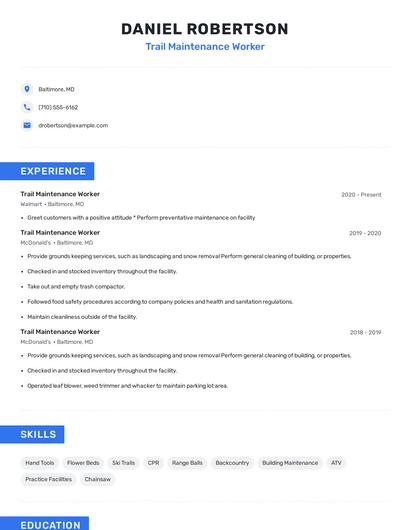 Trail Maintenance Worker Resume
