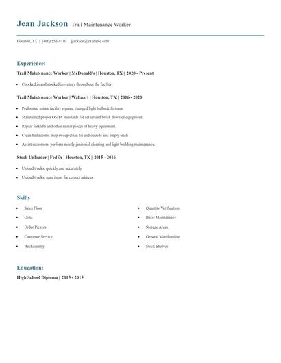 Trail Maintenance Worker Resume