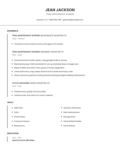 Trail Maintenance Worker Resume