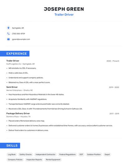 Trailer Driver Resume