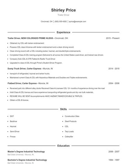 Trailer Driver Resume