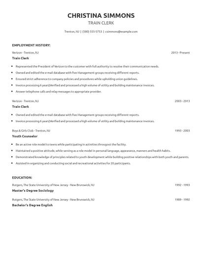 Train Clerk Resume