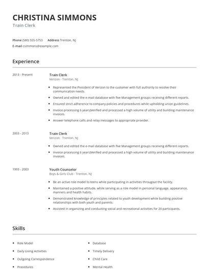 Train Clerk Resume