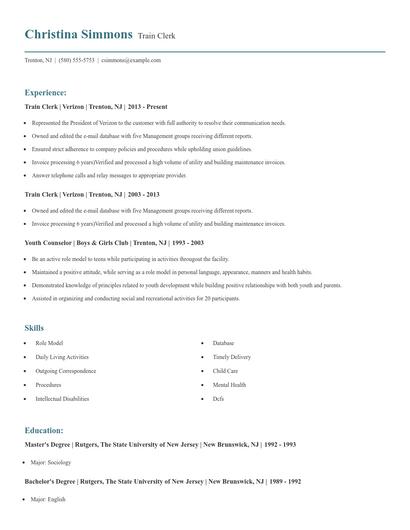 Train Clerk Resume