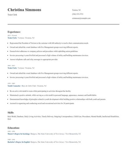 Train Clerk Resume