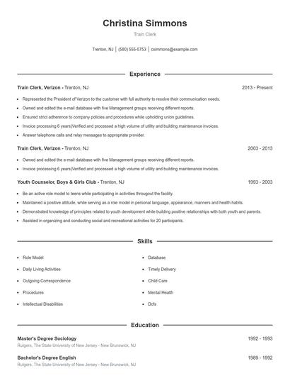 Train Clerk Resume