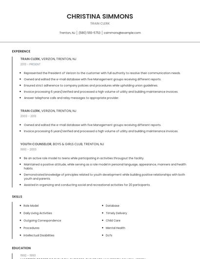 Train Clerk Resume