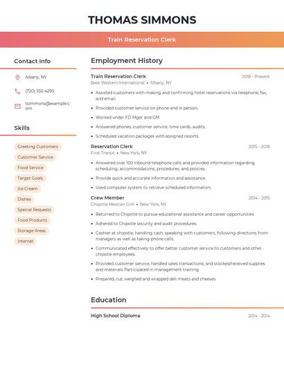 Train Reservation Clerk Resume