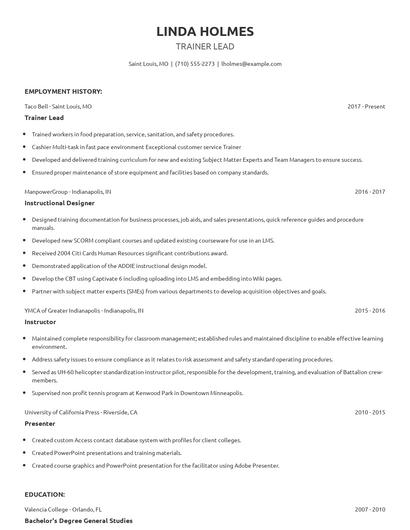 Trainer Lead Resume