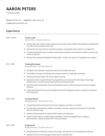 Trainer Lead Resume