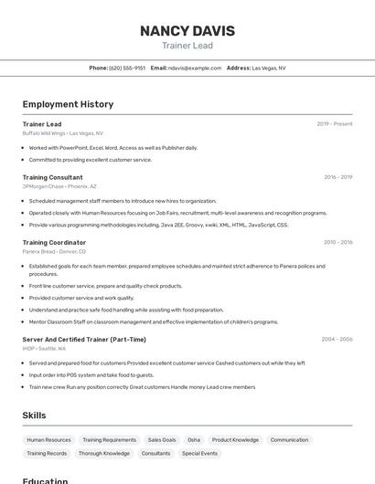 Trainer Lead Resume
