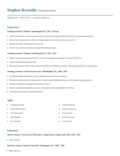 Training Assistant Resume