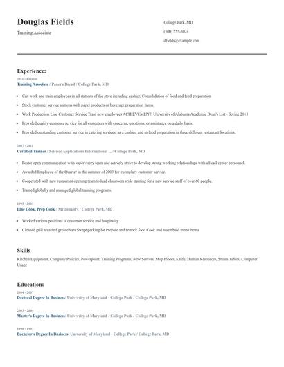 Training Associate Resume