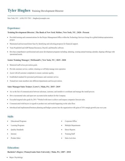 Training Development Director Resume