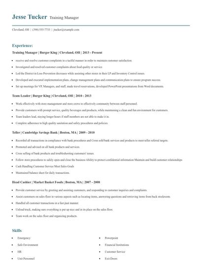 Training Manager Resume