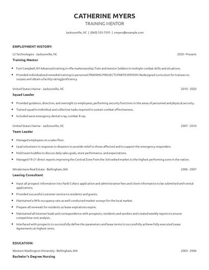 Training Mentor Resume