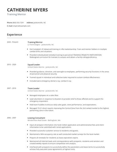 Training Mentor Resume