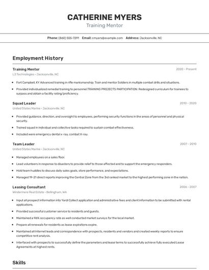Training Mentor Resume