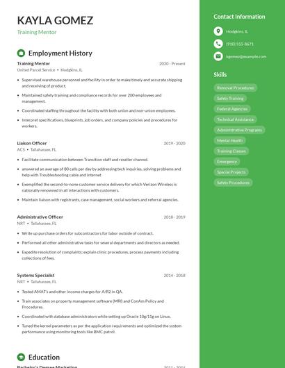 Training Mentor Resume