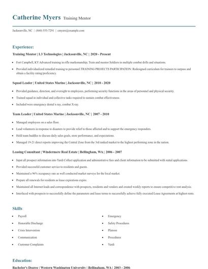 Training Mentor Resume