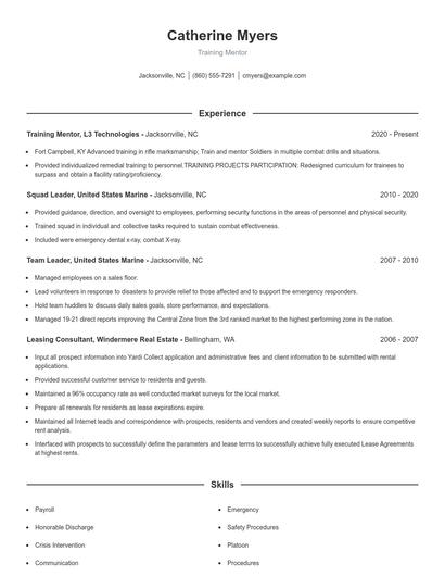 Training Mentor Resume